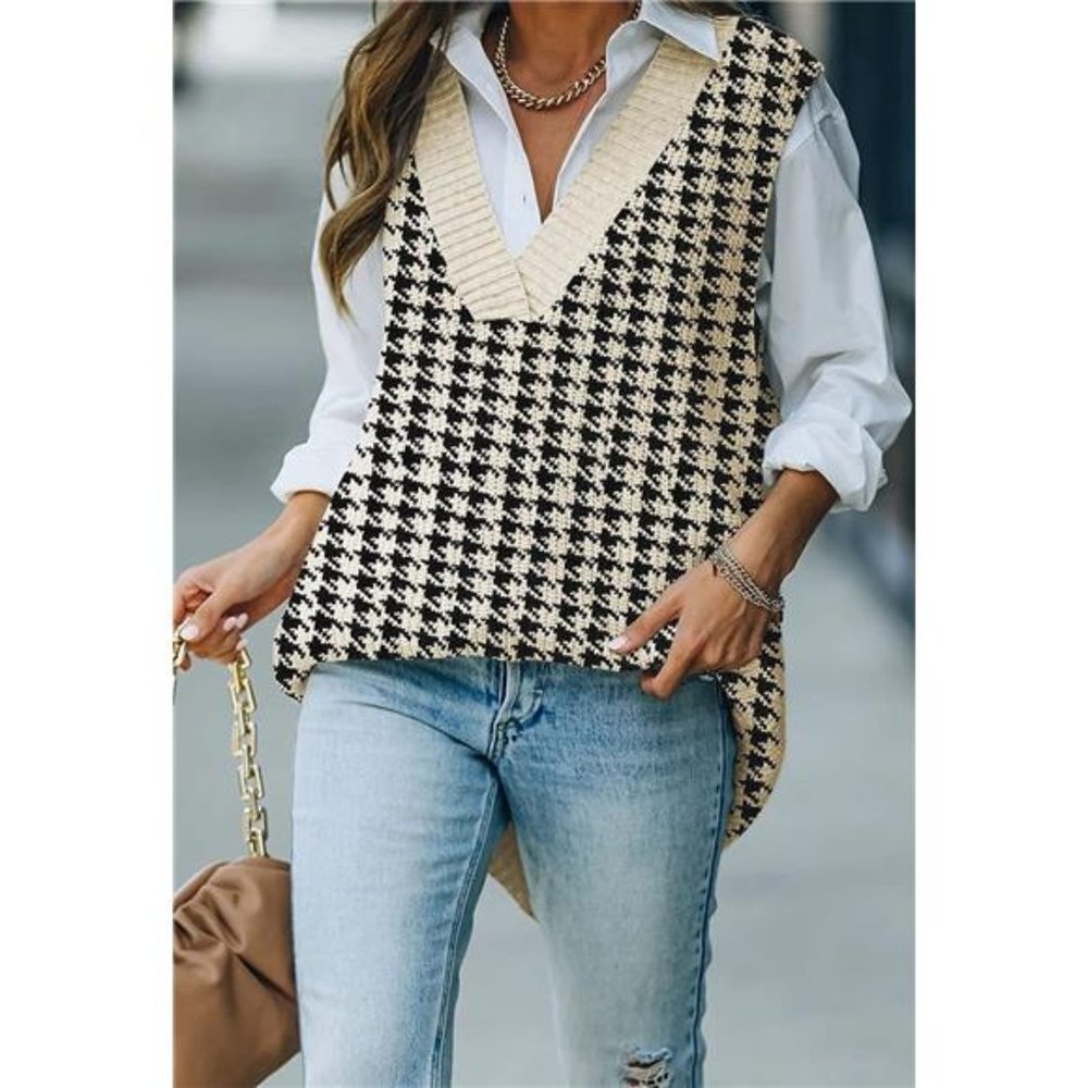 Beige Oversized Houndstooth Printed Knit Sweater‎ Vest V Neck Sleeveless Sweater